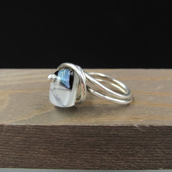 Size 5.5 Sterling Silver Handmade Wire Wrapped Glass Band Ring Vintage - Picture 3 of 9